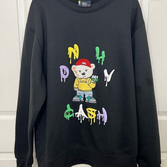 BLEEKER & MERCER ONLY CASH BEAR BLACK PATCHED CREWNECK FLEECE SWEATSHIRT XXL - Picture 6 of 11